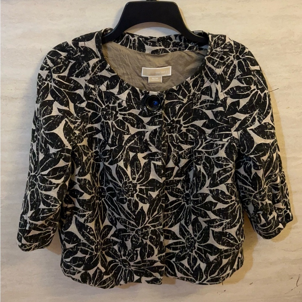 MICHAEL Michael Kors Scoop Neck Linen Black and Cream Patterned Jacket